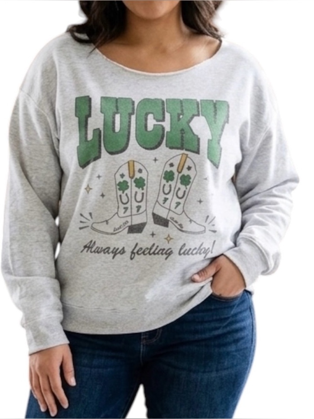 Lucky Sweatshirt Cowgirl Country Western Gray Green L Oversized